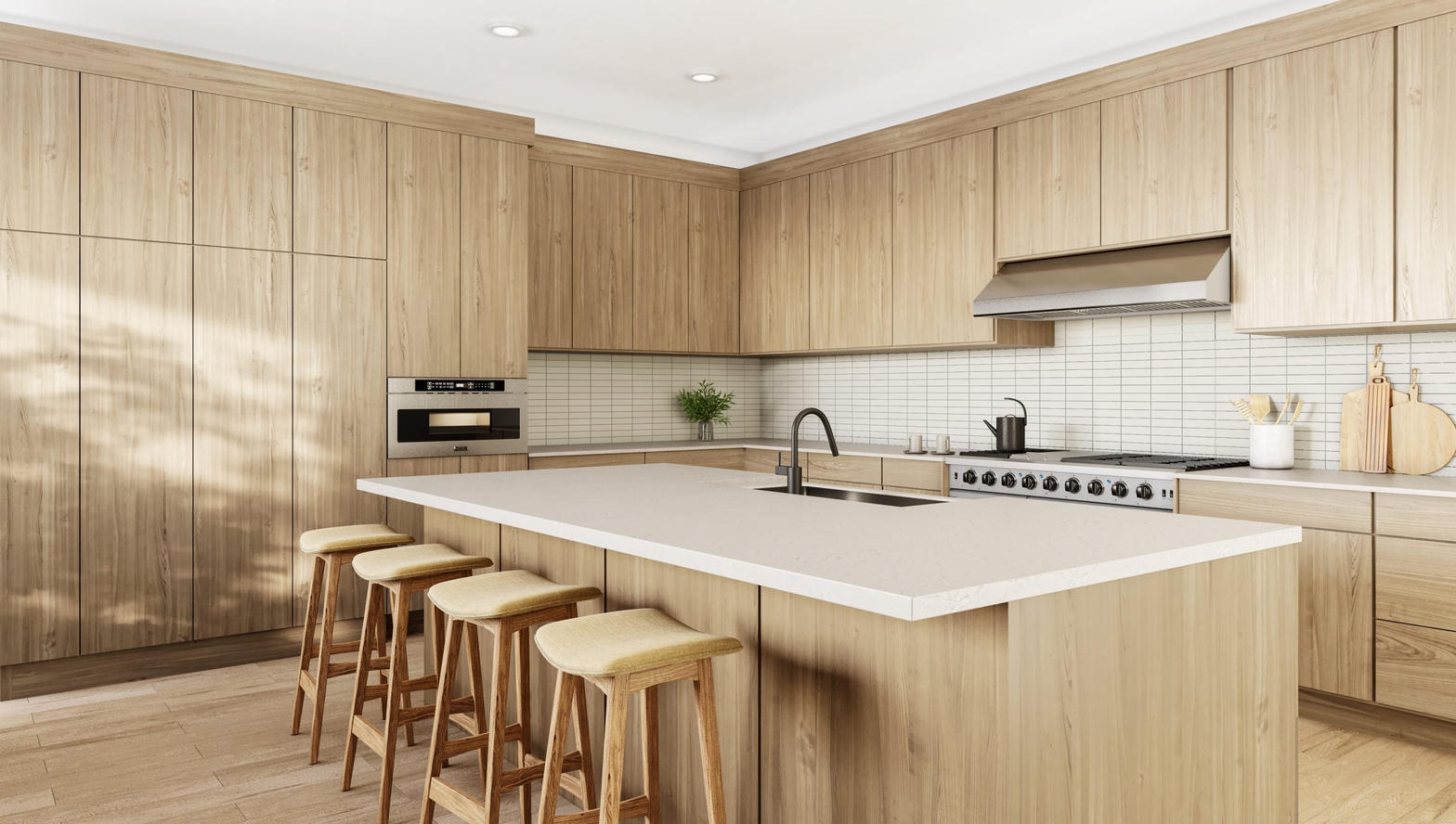 Kitchen with a built-in microwave and range